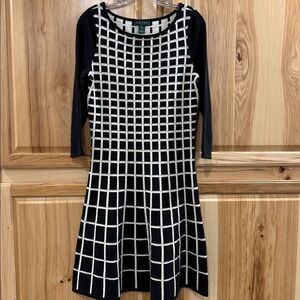 Lauren Ralph Lauren A-Line Black White Grid Window Pane Classy 70’s Vibes Dress